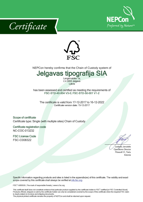Jelgavas tipografija SIA FSC COC Certificate