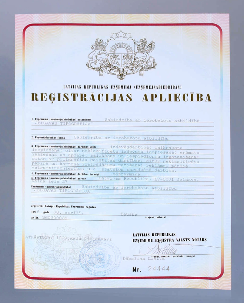 Certificat de fondation de l'imprimerie Jelgavas Tipogrāfija l'année 1996